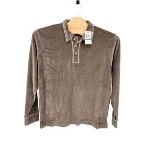 Y2K Nick Danger Velour Polo Shirt Large Taupe Grey Long Sleeve Contrast Piping